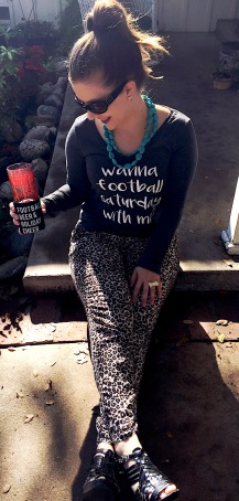 Forever 21 Jewelry, Covergirl lipstick, Live Love Gameday Tee and Koozie, Leopard Print Pants
